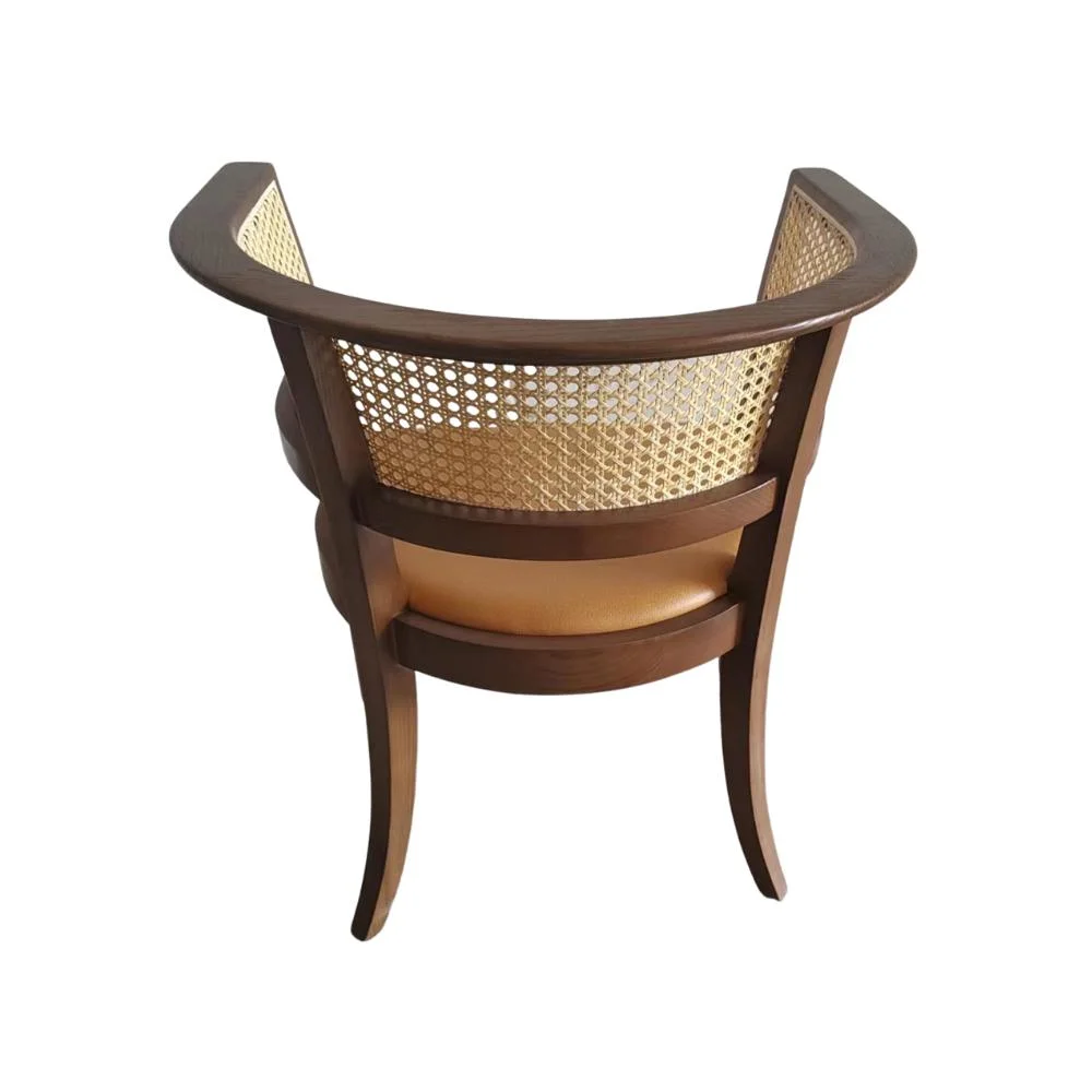 Classical Style Wooden Frame with PU Seatigng and Rattan Back Restaurant Arm Chair